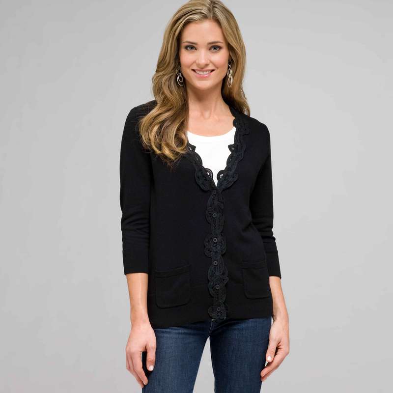 Lace Trimmed Cardigan, Black, large image number 0